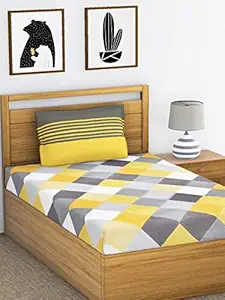 Huesland by Ahmedabad Cotton 144 TC Comfort Cotton Single Bedsheet with 1 Pillow Cover - Yellow and Grey,Checkered