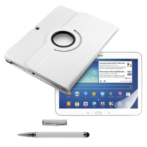 3in1 Set: kwmobile Hülle für Samsung Galaxy Tab 3 10.1 P5200 / P5210 / P5220 – 360° Standfunktion Case Tablet Schutzhülle Kunstleder – Smart Cover Tabletcase Weiß + Folie, kristallklar + Stylus, weiß - 5