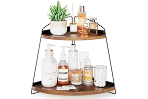Puricon Corner Bathroom Counter Organizer, 2 Tier Corner Countertop Organizer Vanity Shelf, Wood Bathroom Organizers and Storage for Skincare -Brown