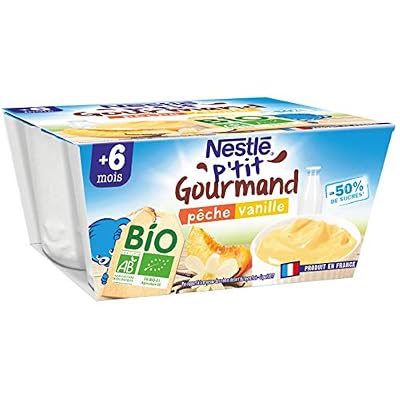Nestlé Bébé P'tit Gourmand BIO - Coupelle Lactée Pêche, Vanille - Dès 6 mois 4x90g - Lot de 6