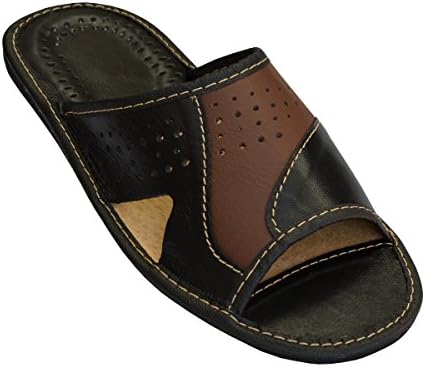 Bawal NEW! LOW TOP Slippers for Men's | Genuine Leather | Open Toe Black-Brown UK Size Model XC60 (45)