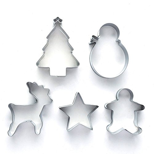 Bsvlia - Juego de cortadores de masa de galletas con moldes navideños, herramienta de cocina, acero inoxidable, Plateado, 5 unidades