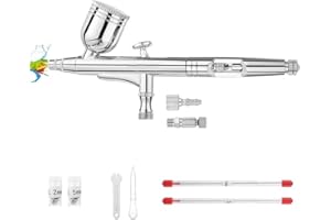 MORE9ROOM Airbrush Kit 0.3 mm Airbrush Gun Dual-Action Gravity Feed Kit, 1/2 & 1/4 OZ Fluid Cup, 0.2 mm & 0.5 mm Nozzles Needles Air Caps for Nail Art Painting Makeup Cake