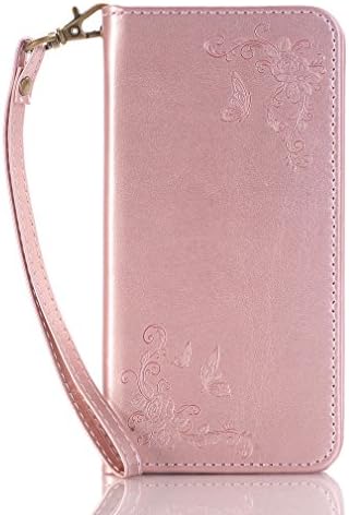 Apple iPhone 5/SE Case 4.0,iPhone SE Wallet Case PU Leather Stand Wallet Case Card Slots With Hand Wrist Strap,Flower Butterfly Pattern Book Style Design Case Cover for iPhone 5/SE- rose gold