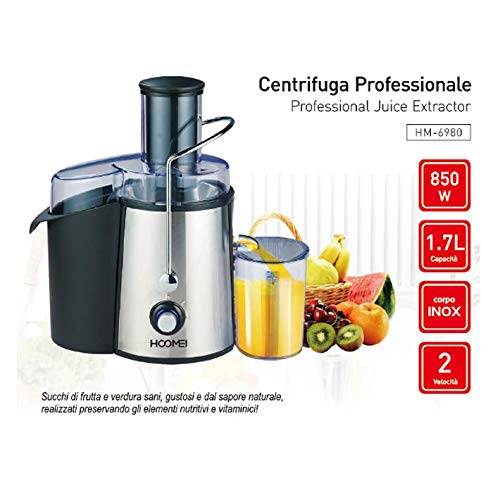 Hoomei Centrifugeuse Extracteur de jus à froid 850 W 1,7 litres Centrifugeuse pour fruits et légumes 2 récipients Fonction anti-obstruction Acier inoxydable