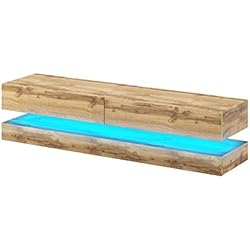 Aviator - Meuble TV Suspendu / Table Basse TV / Banc TV de Salon (140 cm, Aspect Bois de Chêne de Votan Mat avec l'éclairage LED bleue)