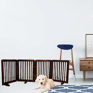 CRAFT DECOR Wooden Baby Safety Gate With Stand , Pet Fence Door, Wooden Room Partition Divider for Living Room, Freestanding 4 Panels Foldable Door for Kids and Dog ,Gate for Stairs ,Step Over Fence (Brown)
