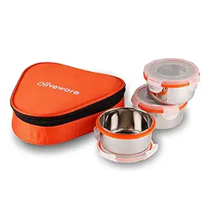 Oliveware Freshy Lunch Box | 3 Stainless Steel Containers | School, College & Office | Insulated Fabric Bag | Leak Proof & Solid Build | Full Meal & Easy to Carry - Orange