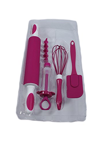9-teiliges Silikon Backset – Teigrolle, Schneebesen, Teigschaber, Spritztülle & 5 Spritzdüsen in Pink - 2