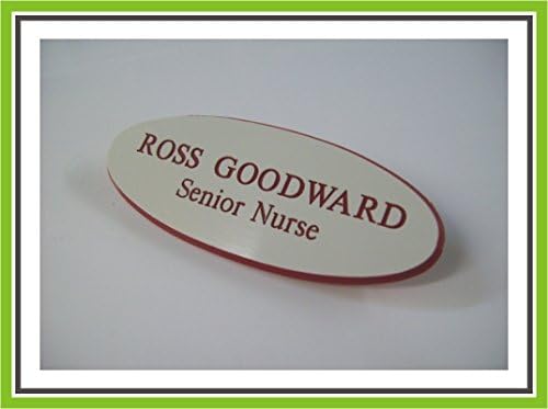 WHITE/RED MAGNETIC OVAL ENGRAVED OFFICE STAFF NAME BADGE BY ENGRAVING WORLD