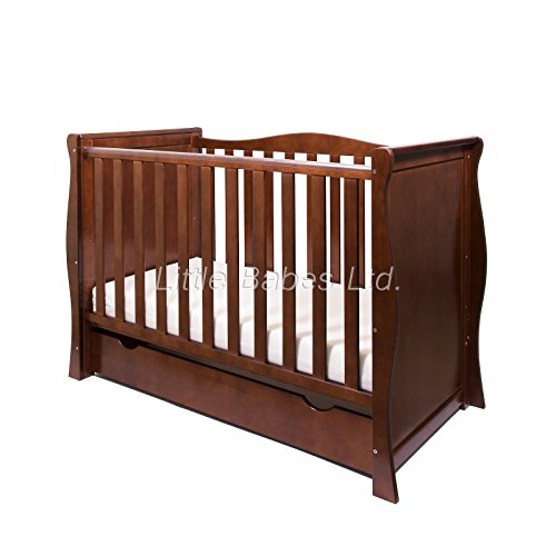 NEW PINEWOOD WALNUT SLEIGH MINI COT BED & DRAWER + BRITISH MADE DELUXE SUPERIOR SPRING BOUND MATTRESS 4’’