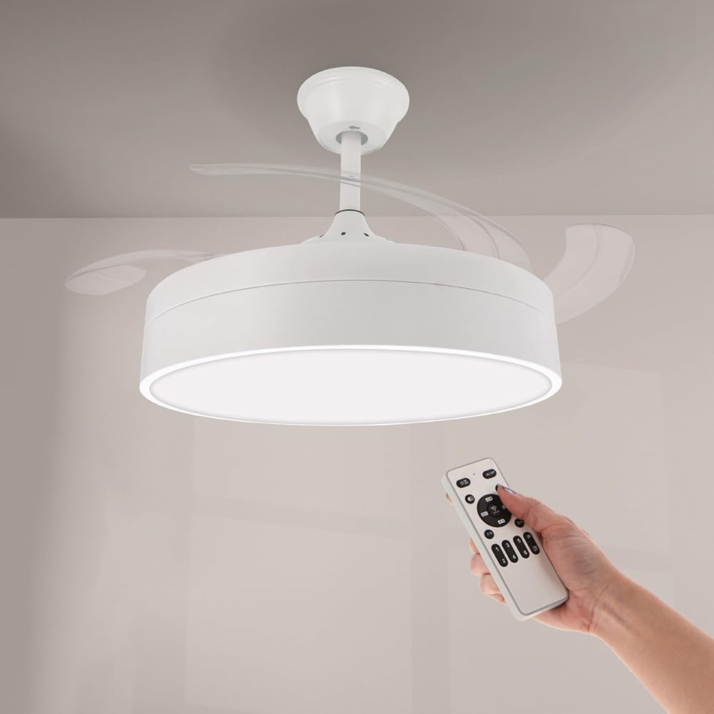 M mimotec - Ventilador de Techo con luz Led Messe 72W Blanco, Mando a Distancia, Bajo consumo, motor DC, 6 velocidades, Silencioso ,4 Aspas desplegables, función verano-invierno, temporizador