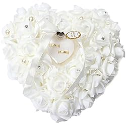 Yosoo 15x13cm Rose blanca romántica de la boda del anillo de la caja del corazón de Rose favores de la caja de la almohadilla del anillo de bodas con elegantes joyas de raso Accesorios flora