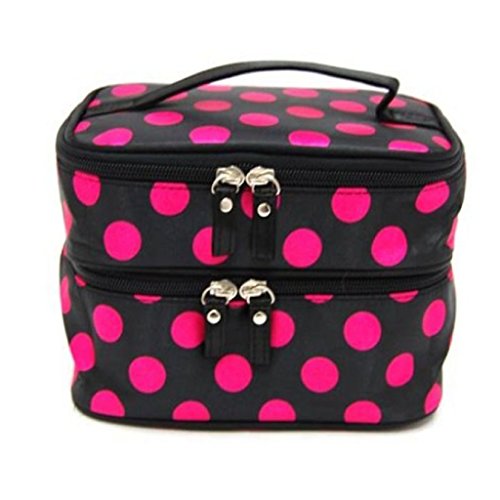 JACKY Wave Dot Case Makeup Double Cosmetic Hand Bag Tool Storage Toiletry (Black hot pink)