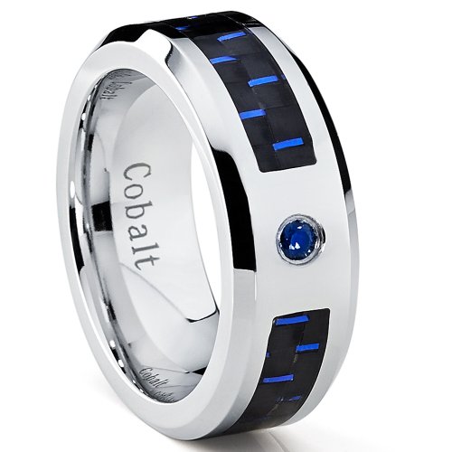 Ultimate Metals Co…… 8MM Herren Schwarz Kobalt Chrom Ehering Mit Schwarz Und Blau Kohlefaser-Einlage Und 0.05 karat blauen Saphir,Bequemlichkeit Passen,Größe 54 to 64.5