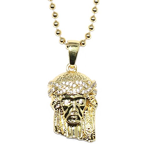 Micro Jesus Piece Pendant 18k Gold Plated with CZ Eyes and Crown and 30 inch Ball chain Necklace - HIGH QUALITY