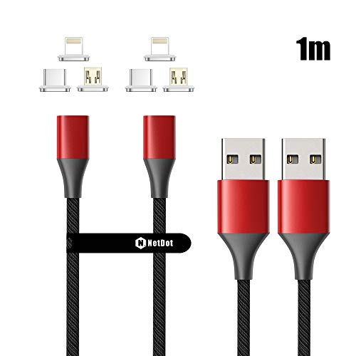 NetDot 10th Generazione 3-in-1 Cavo Magnetico,Ricarica Rapida e Trasferimento Dati per Smartphone Micro USB & USB-C Sumsung S10/9/8/7/6/Note9,Sony,Google e i-Product(1m/2 Pack Rosso)