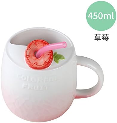 MOCER Creative Mark Cup With A Straw To Drink Large Capacity Ceramic Mug Milk Cup Cute Girl Heart Couple Breakfast, Strawberry With Straw (450Ml)