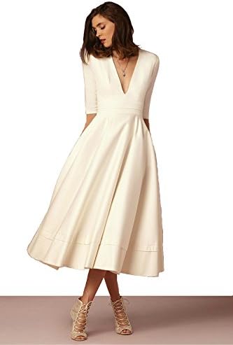Women V Neck A-Line Design Basic Dresses Ladies Modern Casual Half Sleeve Mid-Calf Dress Patchwork Hemline Concise Elegant Apricot White Red Blue Black Various Pure Colors Choices (XXXL, White)