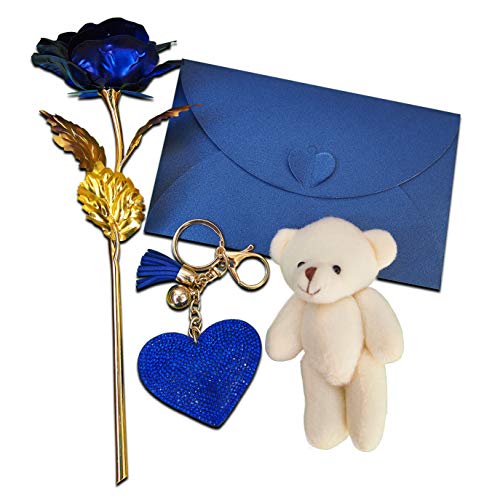 Anne's Gift Emporium Gold Blue Rose Flower Ours en Peluche 3D Salutations Love You Card et coeur bleu porte-clés anniversaire cadeau d'anniversaire pour ses femmes cadeaux romantiques