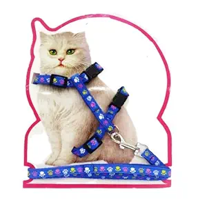 PSK PET MART Cat Adjustable Nylon Printed Harness Strap Collar with Leash Set Small Pet Walking for Kitten, Blue