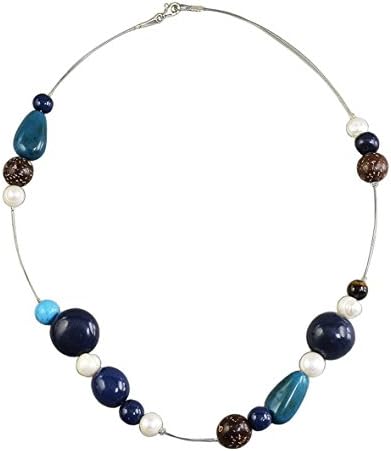 Handmade short navy brown boho necklace with white cultured freshwater pearls
