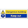 V Safety 67143AX-R Dangerous Building/Keep Out Warning Sign - Landscape - 300mm x 100mm - 1mm Rigid Plastic, Black/Blue/Yellow