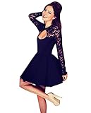 YipGrace Mujeres Backless De Mangas Largas A- Line Vestido De Encaje S Negro