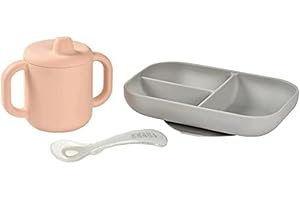 BÉABA, Set Vaisselle Silicone Repas Bébé, Coffret Repas d'apprentissage, 3 Pièces, Assiette compartimenté + Tasse + Cuillère, Silicone Saine et Durable, Compatible lave-vaisselle, Micro-onde, Rose