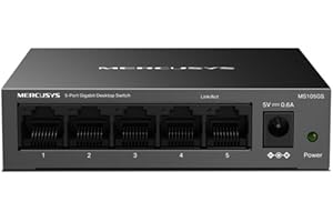 Mercusys MS105GS - Switch Gigabit Ethernet de 5 Puertos RJ45, Carcasa Metálica Resistente, Plug & Play, Sin Configuración, Bajo Consumo, Silencioso, Hub Ethernet, Ideal para Hogar, Oficina y Smart TV
