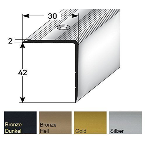 Aluminium Treppenwinkel-Profil - 100cm, 42x30mm, bronze-hell ✓ Rutschhemmend ✓ Robust ✓ Leichte Montage | Treppenkanten-Profil, Treppenstufen-Profil aus Alu | Gelochtes Stufenkanten-Profil, Treppenprofil | Treppenkantenschutz für Laminat, Parkett, Teppich