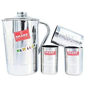 SKARS Stainless Steel Water Jug with 3 Piece Glass Set And With Lid