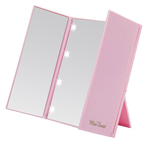 Miss Sweet, specchietto triplo da trucco, illuminato, pieghevole, compatto e da viaggio 