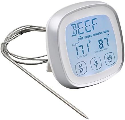 Digital Touchscreen Meat Thermometer, 2 in 1 Kitchen Instant Read Thermometer with Timer Alert Function and Stainless Probe, Waterproof Countdown Timer for Oven Roast, BBQ, Grill, Poultry and Meat Smoker (Silver)
