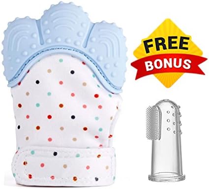 Crownzz Unisex Teething Mitten and Free Toothbrush for Baby-Adjustable Velcro Strap Mitt Bpa Free-Best Self-Soothing Teether to Relief Teething Pain &amp; Protect Babies Hand From Saliva-Food Grade Silicone Mitt (blue)