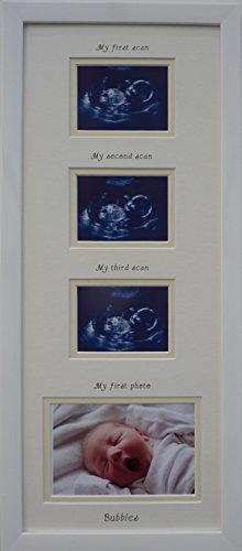 Unisex, Newborn Baby Triple Scan Photo Frame 20 x 8 (White mount - cream inner border)