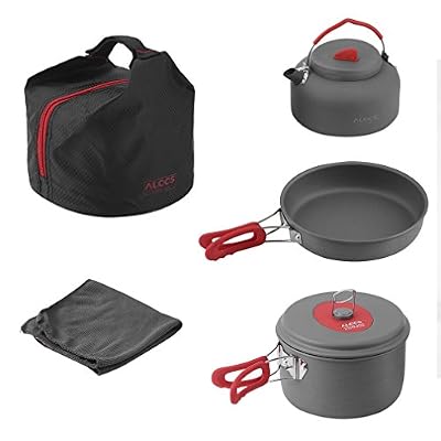 OUTAD Set de Cuisine 2 - 3 Personne Antiadhésive en Aluminum Anodisé Pour Camping avec Poignée Pliables