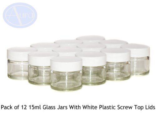 12er-PACKUNG - 15ml KLARGLAS-Behälter mit WEISSER Verschlusskappe für Aromatherapie-Mischungen / Cremes