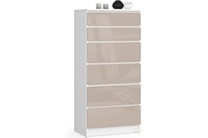 Akord Cassettiera K60 con 6 Cassetti | Credenza Alta | Moderna Mobiletto per Soggiorno Sala da Pranzo Camera da Letto Corridoio Bagno | Armadio Cameretta | 60x130x40 cm 43kg | Bianco/Cappuccino lucido