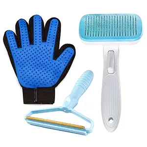 Coopupet Pet Hair Cleaning Set, Self Cleaning Slicker Brush+Lint Remover+Grooming Glove 3 In 1 for Dog & Cat Grooming Kit for Long & Short Haired Pets, Reduces Shedding, Efficient Fur Removal Tools, Bathing Glove (Blue)