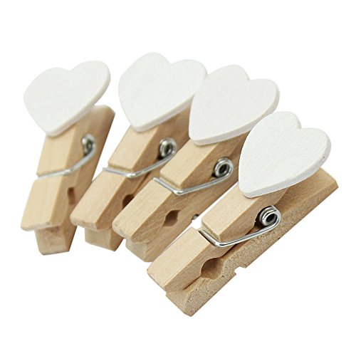 Yalulu 100 Stück Mini Weiß Holz Wäscheklammern Holzklammern Herz Clips für Postkarte Fotopapier Kleiderroller Weihnachten Deko - 3