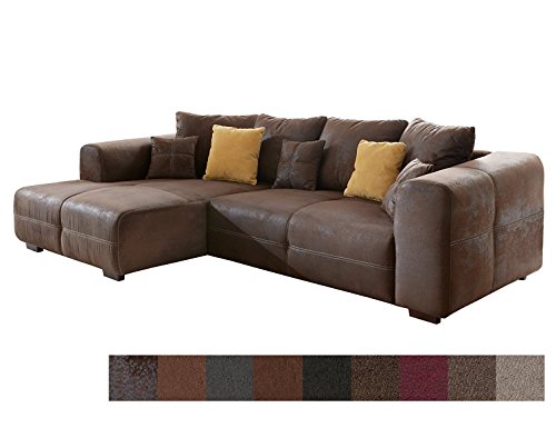 Cavadore Ecksofa Mavericco / Polster Eck-Couch mit Kissen / In Antik-Leder-Optik mit nussbaumfarbenen Holzfüßen / Longchair links / Größe: 285 x 69 x 170 (BxHxT) / Mikrofaser Braun