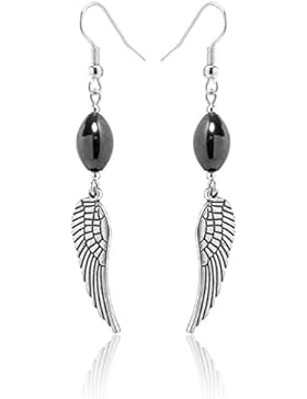 2LIVEfor Handmade Ohrringe Flügel Schwarz Silber lang hängend Tropfen Lang mit Magnet Perlen Tropfen Ohrringe...