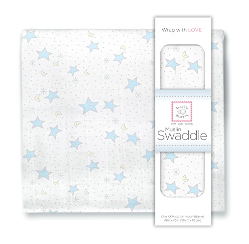 SwaddleDesigns X-Large Cotton Muslin Swaddle Blanket, Pastel Blue Twinkle