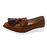 Yvelands Damen Flache Mund-Plattform-Müßiggänger-Erbsen-Boots-Schuhe der Retro Frauen runde Flache(CN-40,Braun)
