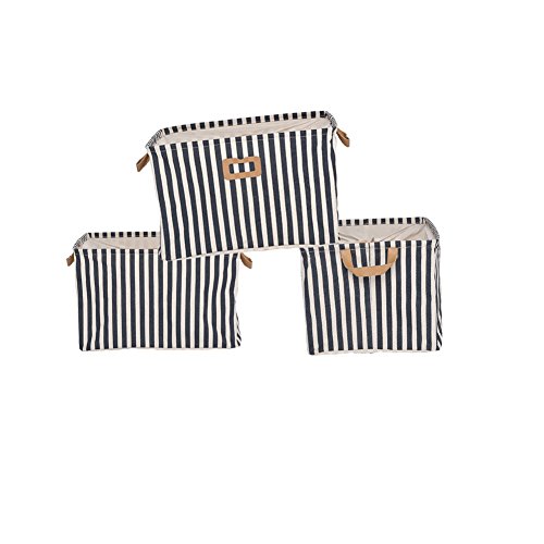 GreenForest Blue Strips Storage Basket with PU Totes, Set of 3