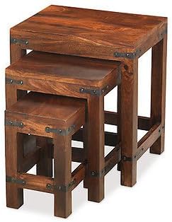 Madras Solid Sheesham Wood Jali Nest Of 3 Tables, Honey Brown, H 45 x W 40 x D 30 cm