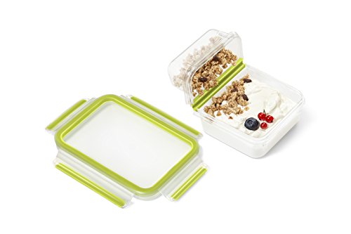 Emsa Lunch- und Snackbox mit praktischer Knick-Ecke und Deckel, Yoghurtbox, Volumen: 0,6 Liter, Transparent/Grün, Clip & Go, 518103 - 4