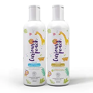 CURIOUS PEACH: Shampoo and Face & Body Wash Combo for Children, Boy & Girl, Teens [Unisex] | 200 ML | Scientifically Tested, Herbal, Ayurvedic & Child Safe