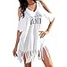 Produktbild Longra Damen Strandkleid Bikini Cover Up Quasten Strandponcho Sommer Bademode Damen Kurzarm Off-Shoulder-Kleider V-Ausschnitt Beachwear Oversize-Shirts Kleider Sommerkleid Tunika Kleider (White, L)